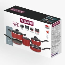 Jogo panelas enjoy  5 peças com tampa vidro vermelho