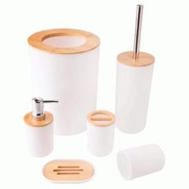 Kit Banheiro 6pcs Branco Plastico Pp E Bambu