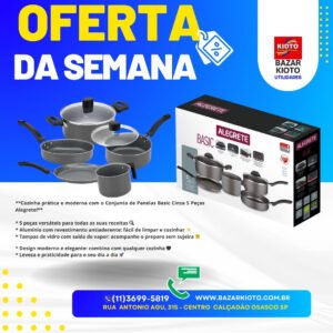 Jogo panelas basic 5 peças tampa vidro antiaderente cinza