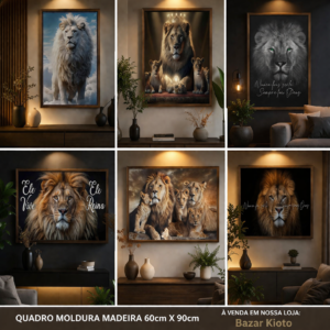 Quadro Leão Decorativo 60x90cm Moldura Madeira | Luxo Moderno Sala Quarto Escritório