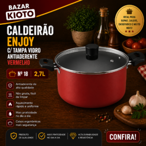 Caldeirao Enjoy com tampa Vidro Antiaderente Vermelho Nº 18 2,7l