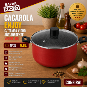 Cacarola Enjoy  com tampa Vidro Antiaderente  Vermelho Nº 26 5,8l