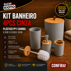 Kit Banheiro 4pcs Cinza Plastico Pp E Bambu 9,3cm X 9,3cm X 16cm