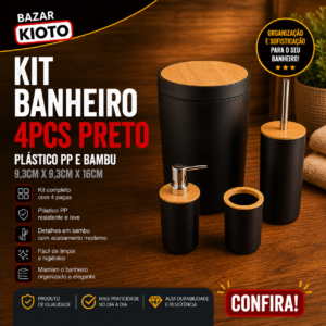 Kit Banheiro 4pcs Preto Plastico Pp E Bambu 19cm X 19cm X 28,5cm