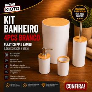 Kit Banheiro 4pcs Branco Plastico Pp E Bambu 19cm X 19cm X 28,5cm