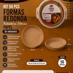 Kit 50 pcs formas redonda fritadeira eletrica papel 20 cm x 20 cm x 4,5 cm