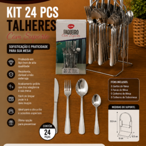 Kit 24 pcs talheres base aco inox 13 cm x 12,5 cm x 23,5 cm