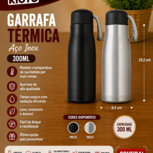 Garrafa 300 Ml Termica Aço Inox 6,5 Cm X 6,5 Cm X 20,2 Cm (unidade)
