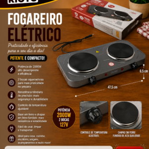 Fogareiro eletrico 2000w 2 bocas 127v 47,5cm x 26cm x 6,5cm
