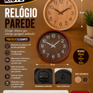 RELOGIO PAREDE PLASTICO PP 30CM X 30CM X 4CM (unidade)