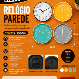 RELOGIO PAREDE PLASTICO PP 25CM X 25CM X 4CM (unidade)