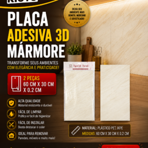 PLACA ADESIVA 3D MARMORE 2 PEÇAS PLASTICO PET, IXPE 60 CM X 30 CM X 0.2 CM