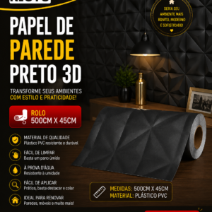PAPEL DE PAREDE PRETO 3D PLASTICO PVC 500 CM X 45 CM