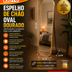 ESPELHO DE CHAO OVAL DOURADO ALUMINIO E VIDRO 150CM X 40CM X 2,8CM
