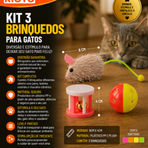 KIT 3 BRINQUEDOS GATO PLASTICO PP E PLUSH 8 CM X 4 CM