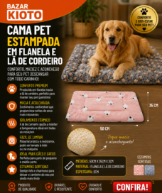 CAMA PET ESTAMPADA EM FLANELA E LA DE CORDEIRO 50CM X 35CM X 2CM