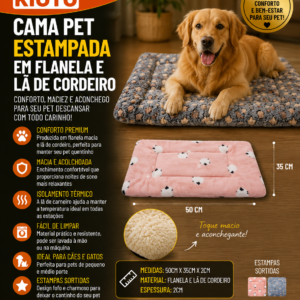 CAMA PET ESTAMPADA EM FLANELA E LA DE CORDEIRO 50CM X 35CM X 2CM