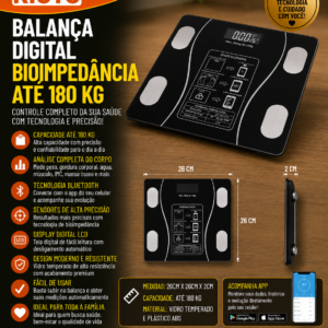BALANCA DIGITAL BIOIMPEDANCIA 180 KG 26 CM X 26 CM X 2 CM
