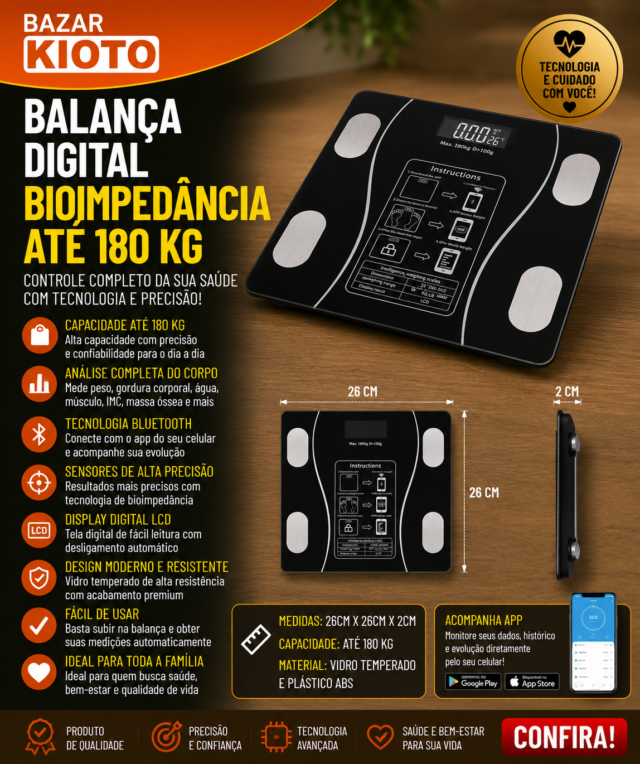 BALANCA DIGITAL BIOIMPEDANCIA 180 KG 26 CM X 26 CM X 2 CM
