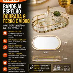 BANDEJA ESPELHO DOURADA G FERRO E VIDRO 30 CM X 15 CM X 4 CM