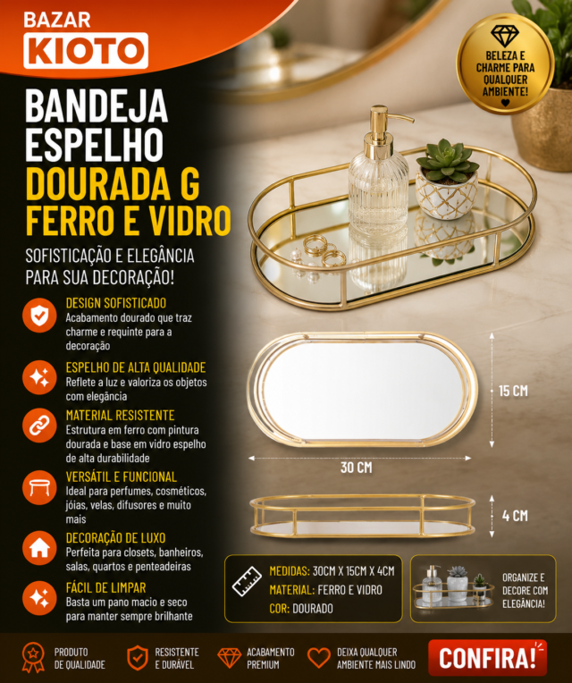 BANDEJA ESPELHO DOURADA G FERRO E VIDRO 30 CM X 15 CM X 4 CM
