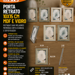 PORTA RETRATO 10X15 CM MDF E VIDRO 13 CM X 18,2 CM X 1 CM (unidade)