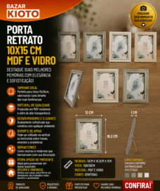 PORTA RETRATO 10X15 CM MDF E VIDRO 12,5 CM X 17,5 CM X 1 CM (unidade)
