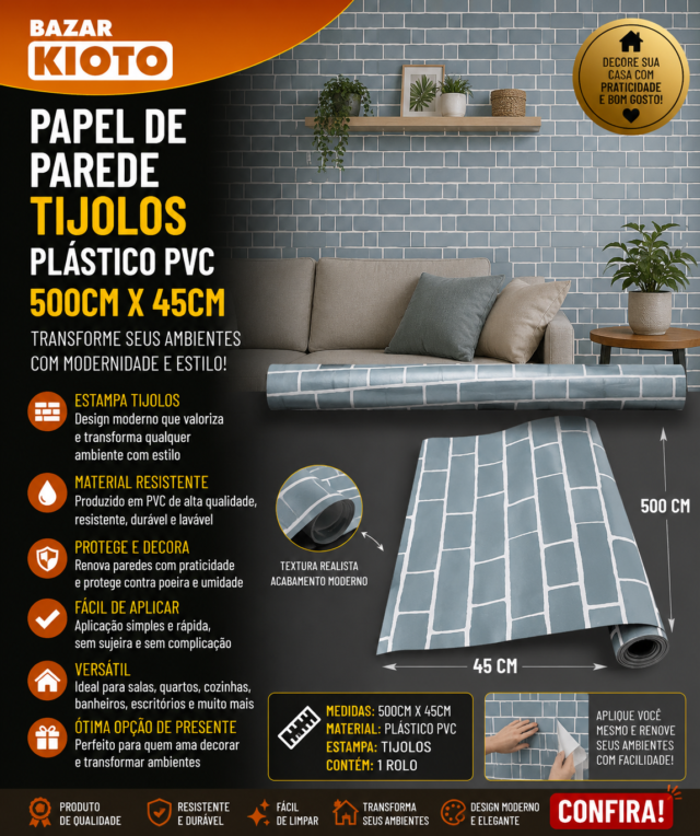 Papel De Parede Tijolos Plastico Pvc 500cm X 45cm