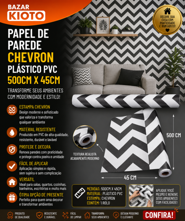 Papel De Parede Chevron Plastico Pvc 500cm X 45cm