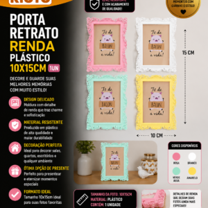 Porta retrato renda plastico 10x15cm 1un (unidade)