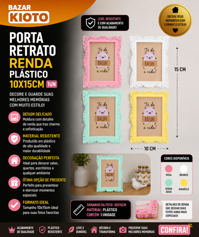 Porta retrato renda plastico 10x15cm 1un (unidade)