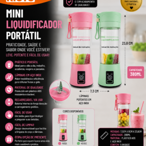 Mini Liquidificador Portatil Plastico e Aco 7,3cmX8cmX23,6cm 380ml (unidade)