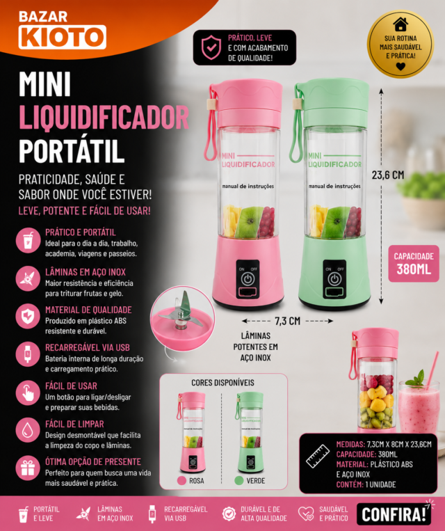 Mini Liquidificador Portatil Plastico e Aco 7,3cmX8cmX23,6cm 380ml (unidade)