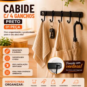 CABIDE C/ 4 GANCHOS PRETO (01 PECA)